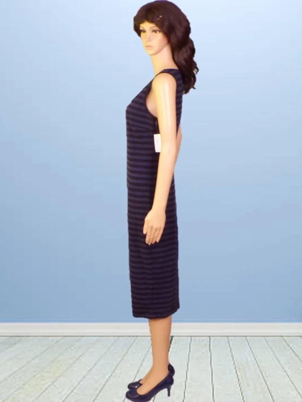 OLD NAVY size S navy-blue/black horizontal stripes sleeveless midi sheath dress